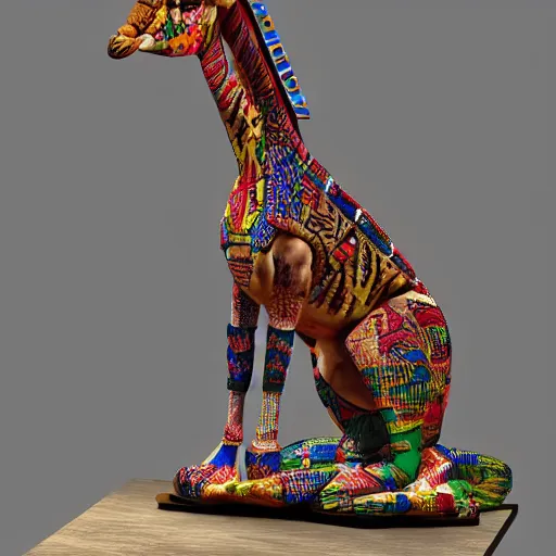 Image similar to realistic ceramic giraffe sitting on top of a table, egyptian art by luca della robbia, featured on zbrush central, mingei, made of beads and yarn, sharp details, colorful hues, made of wrought iron, made of insects