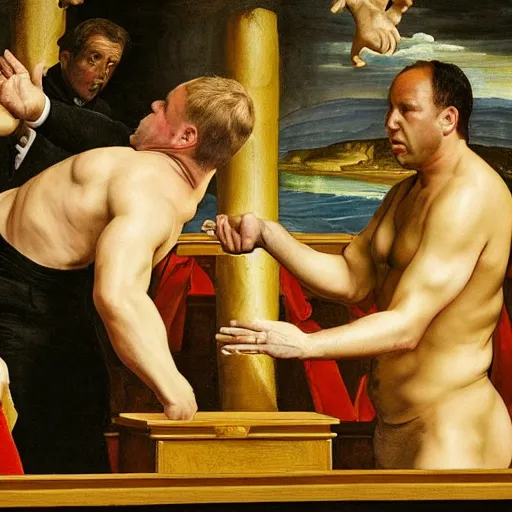 Prompt: alex jones fighting alex jones fighting alex jones in a courtroom, golden ratio, renaissance painting,