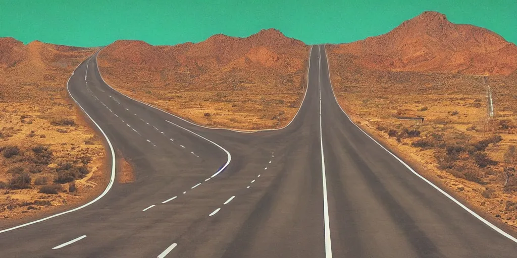 Image similar to “American highway in the style of Shawn Tan, capitalism, dystopian, mountain, desert, signs, future ”