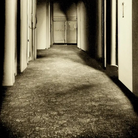 Prompt: a cosmic horror entity made of shadow inside an empty hallway, dark eerie photograph, wispy darkness, decaying dark gemstone colors, dark metal colors