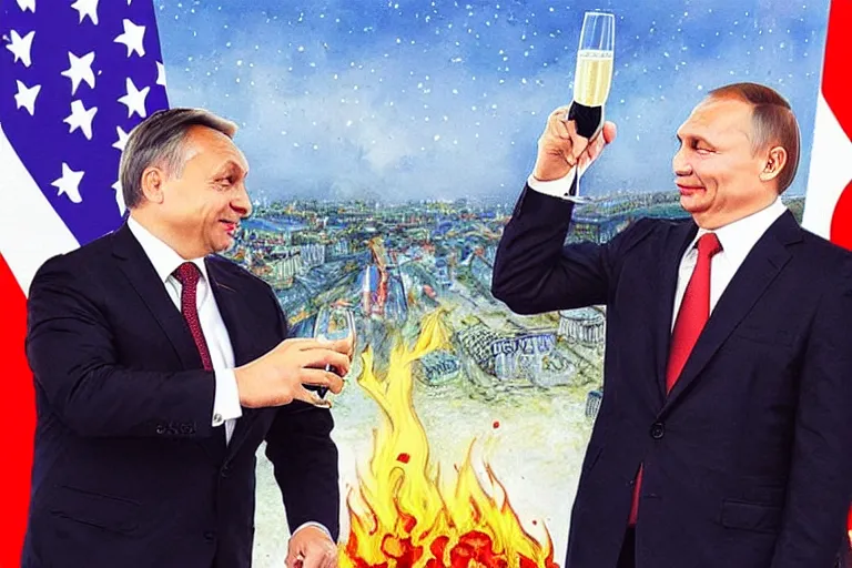 Image similar to viktor orban winking and drinking champagne with putin in front a burning city, hyper realistic painting