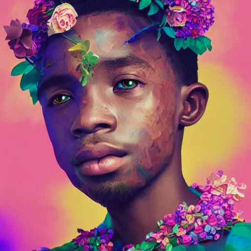 Image similar to colourful vfx art - portrait of nigerian boy wrapped in flowers & vines, art by hsiao - ron cheng & james jean, volumetric light, colourful, sharp, detailed, digital painting, illustration, illustration, highly detailed, intricate detail, unreal engine, octae render, pinterest, behance, art station,