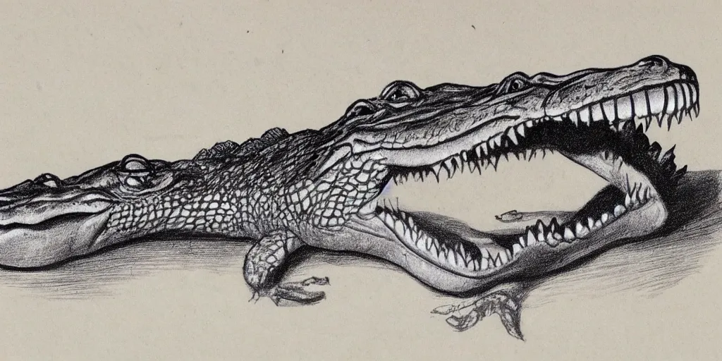 Image similar to vintage drawing of a crocodile, high quality, engraving print,