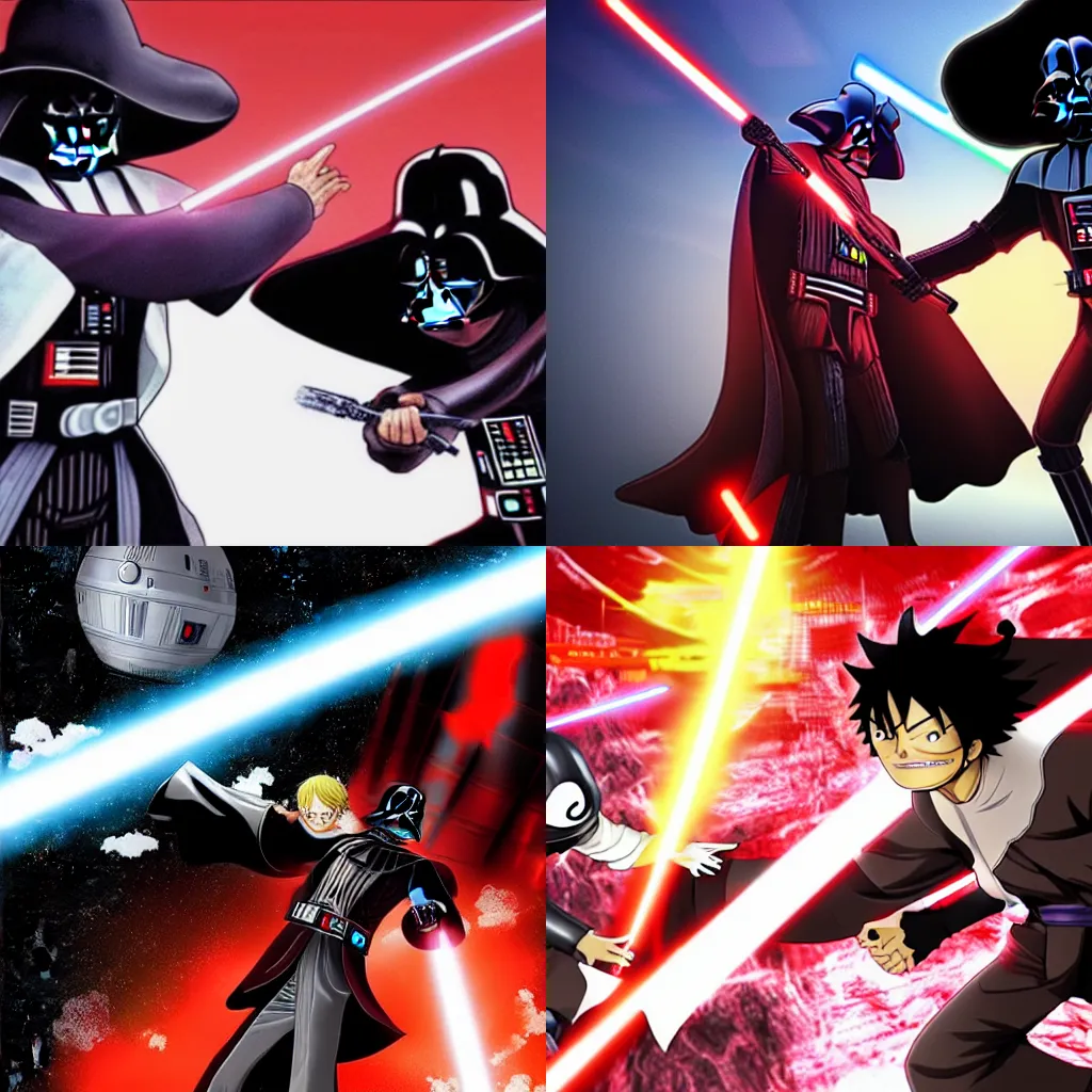 Prompt: Darth Vader fights Luffy, anime key visual