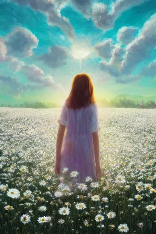 Image similar to veil of giant white daisy flower as head, girl standing in a flower field, surreal photography, sunrise, dramatic light, impressionist painting, colorful clouds, digital painting, artstation, simon stalenhag