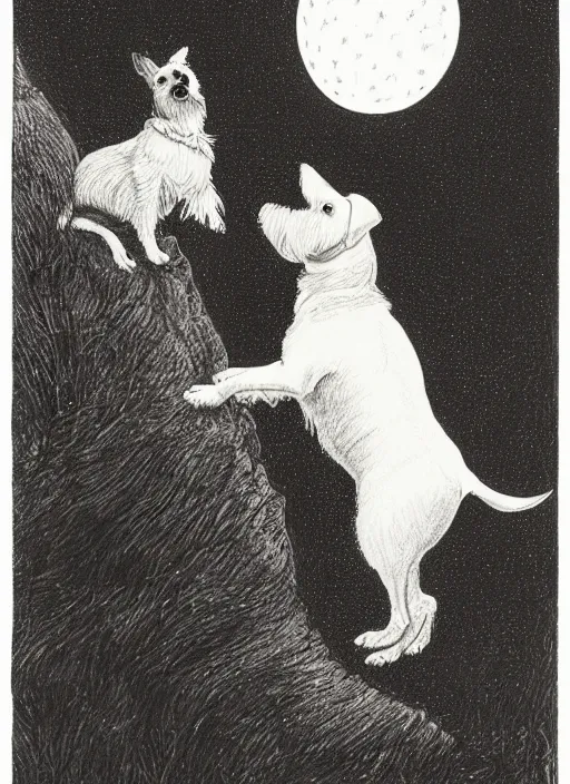 Image similar to candid portrait of jack russel dog looking up barking at the moon, night sky, highly detailed, side view, illustrated by peggy fortnum and beatrix potter and sir john tenniel