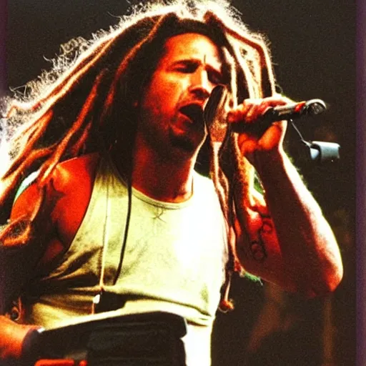 Image similar to Rage Against the Machine, live in concert, Zack de la Rocha, dreadlocks, 1994, live at Lollapalooza, 1994 VHS quality