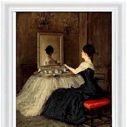 Prompt: seamstress working on a ballroom dress by alfred stevens