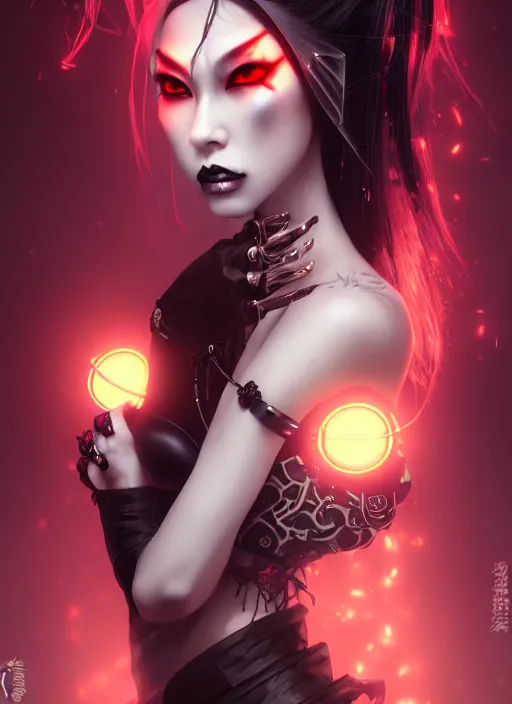 Image similar to soft lustrous ebony geisha seductive raver yakuza gothic cyborg, decay, underworld, dark fantasy, dark art, highly detailed, digital painting, octane render, artstation, concept art, smooth, sharp focus, illustration, art by artgerm, loish, wlop