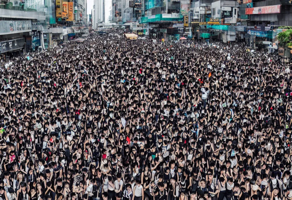 Prompt: fashion editorial in hong kong riot. wide angle shot. highly detailed.