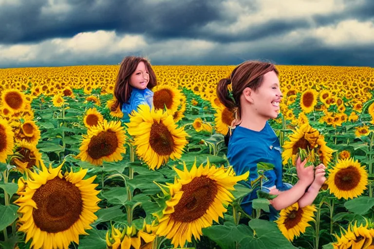 Image similar to portrait, photo of a dragonite smiling at the camera, beautiful, scene : sunflower field, colors : yellow sunflowers, cloudy sky, in a style of real - life natural photo