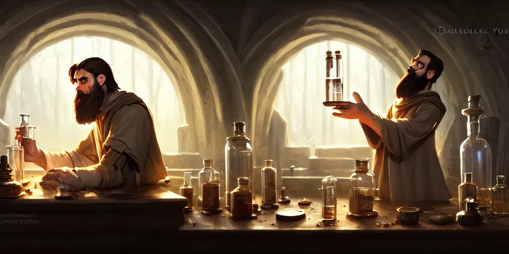 Prompt: a handsome bearded caucasian male sorcerer with brown hair, he is in a alchemist lab, casting a spell from a open book, beakers, potions, magic, neutral pose, digital art, concept art, epic composition, 4 k, super coherent, by dave melvin and greg rutkowski