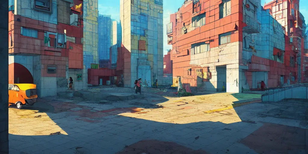 Image similar to neo brutralism, concrete housing, an archway, concept art, colorful, vivid colors, sunshine, light, shadows, reflections, oilpainting, cinematic, 3D, in the style of Akihiko Yoshida and Edward Hopper