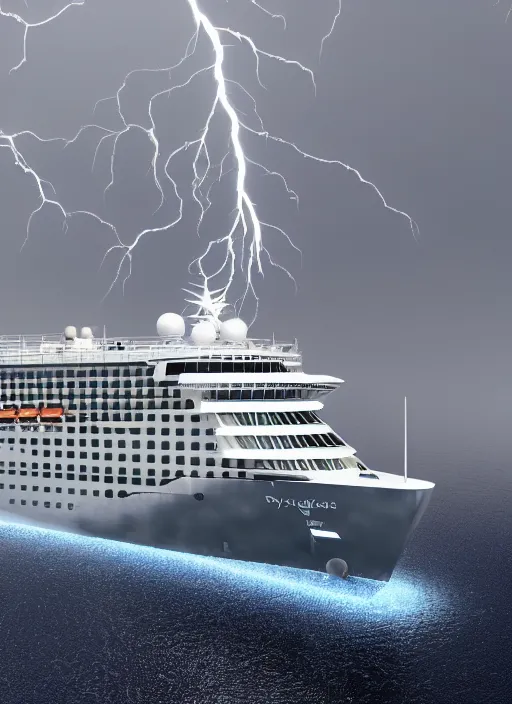 Image similar to silver cruise ship struck by lightning unreal 5, DAZ, hyperrealistic, octane render, dynamic lighting