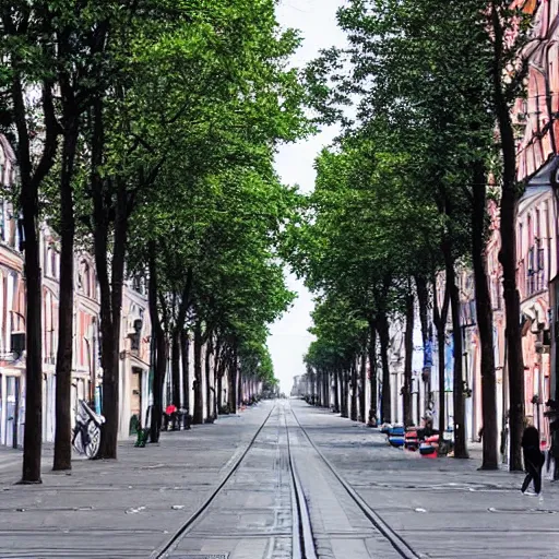 Image similar to Saint-Petersburg main street has trees and tram but without any car