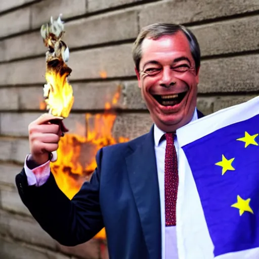 Image similar to nigel farage laughing holding burning eu flag, photograph, hd