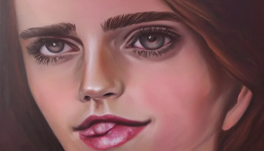 Image similar to emma watson portrait photorealistic painting. soft lighting, smooth gradients. seductive smile. lights and shadows. sultry, anamorphic lens