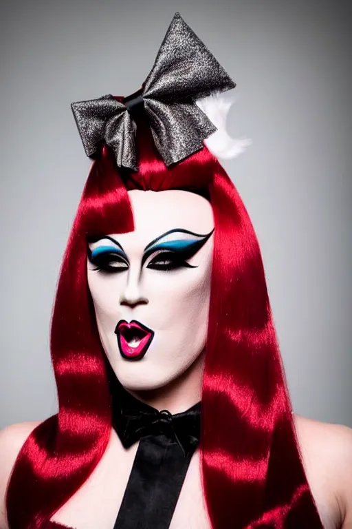 Image similar to 4k art deco portrait of a drag queen (man in drag with shocked surprised expression) wearing: heavy drag makeup, huge long auburn wig styled in oversized pigtails with big pink bows