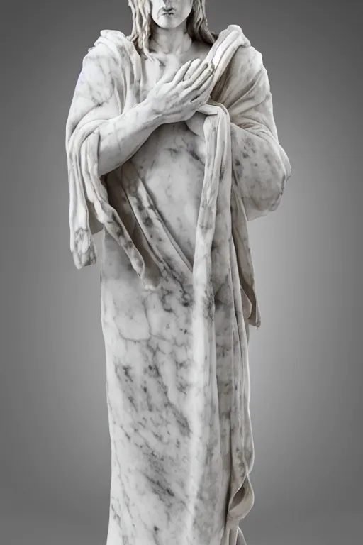 Image similar to a dramatic view of an highly ornated macabre soul priest statue dressed with soft silk robe made in heavy marble, with few ornaments in shiny polished stone, sculpted by hedi xandt and antonio corradini