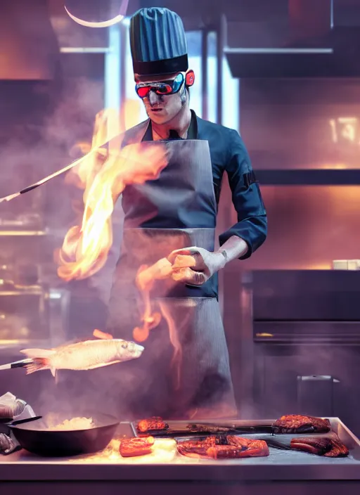 Prompt: cyberpunk chef frying up fish in a futuristic kitchen, neon lights, smoke and fire, extremely detailed and hyper realistic, octane render