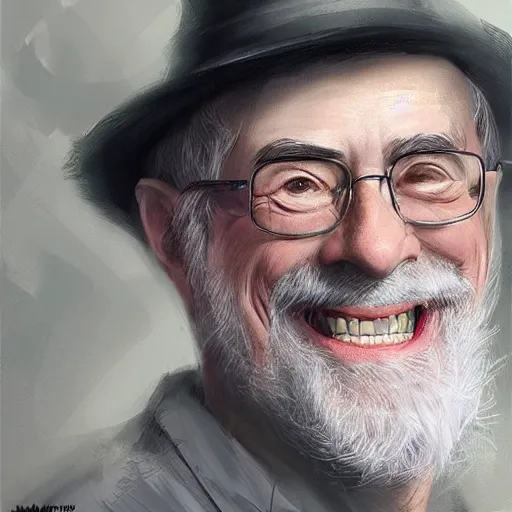 Prompt: terry pratchett laughing, portrait by wlop and ross tran