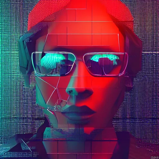 Prompt: a 3 - d glitch art model of a cyberpunk hacker trending on artstation deviantart pinterest detailed realistic hd 8 k high resolution