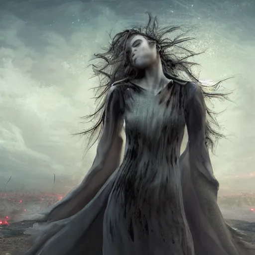 Prompt: The digital art depicts a woman standing in a field of ashes, her dress billowing in the wind. Her hair is wild and her eyes are closed, and she seems to be in a trance-like state. The digital art is dark and atmospheric, and the ashes in the field seem to be almost alive, swirling around. cyberpunk by Klaus Wittmann apocalyptic