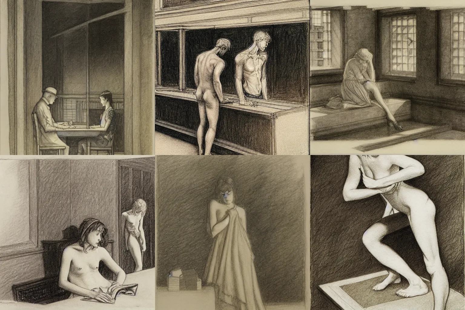 Prompt: i am unlearned, and they learn from me. pencil drawing by edward hopper, arthur rackham and milo manara