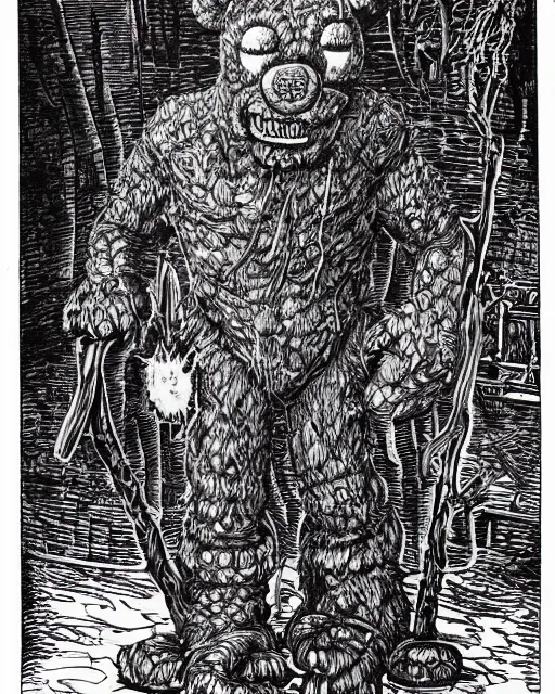 Image similar to an illustration of a freddy fazbear, full body, pen-and-ink illustration, etching, by Russ Nicholson, DAvid A Trampier, larry elmore, 1981, HQ scan, intricate details, Monster Manula, Fiend Folio