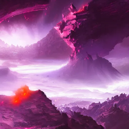 Image similar to a single ninja standing in the ruins of crux prime, purple fiery maelstrom in the distance, digital art, artstationhq