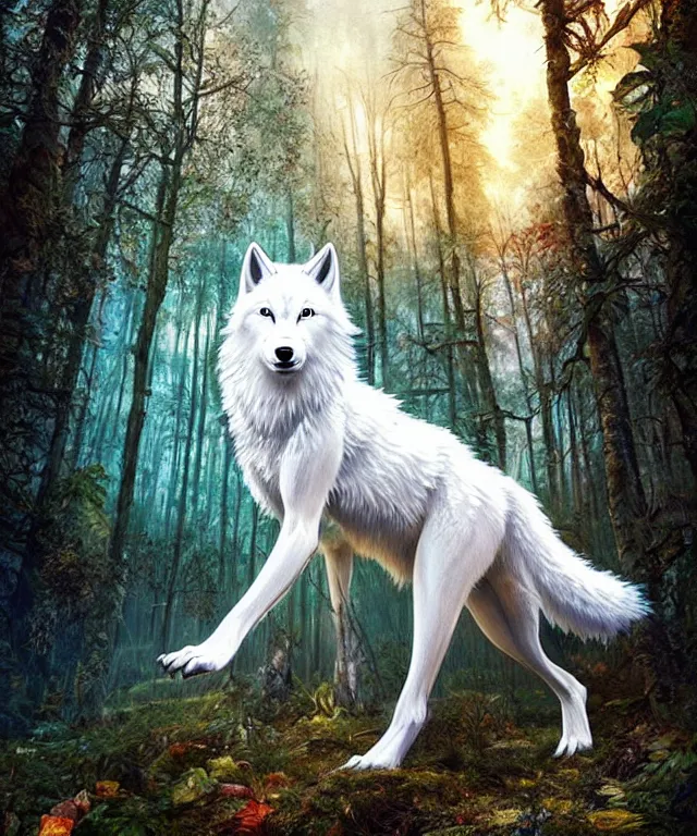Image similar to a realistic white wolf, walking through a psychedelic forest, wide angle landscape shot, pixar style by tristan eaton, artgerm and tom bagshaw
