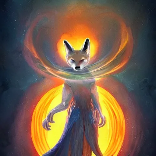 Prompt: a painted avatar portrait of an awesome powerful humanoid kitsune fox mage themed around life and death, in the style of dnd beyond avatar portraits, beautiful, artistic, elegant, lens flare, magical, lens flare, nature, realism, stylized, art by jeff easley