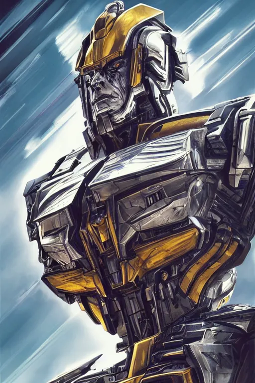 Image similar to meaningful half body Portrait of Lord Megatron the saint of gladiators, Golden Halo with cybertronian letters, Transformers, concept art, elegant composition, Trending on Artstation, Transformers, intricate artwork by moebius and wlop. octane render, trending on artstation, syd mead, greg rutkowski very coherent. Mecha, cinematic