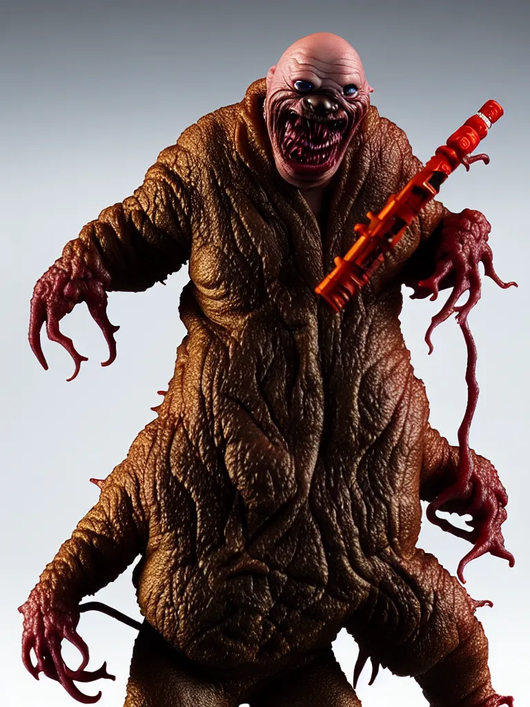 Image similar to hyperrealistic rendering, fat smooth john carpenter's the thing by bernie wrightson and killian eng and joe fenton, product photography, action figure, sofubi, studio lighting, colored gels, colored background