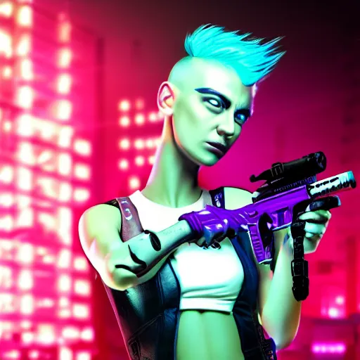 Prompt: cyberpunk chick with a side head shave in a city with aqua, green, and purple neon lighting, holding a gun, posed