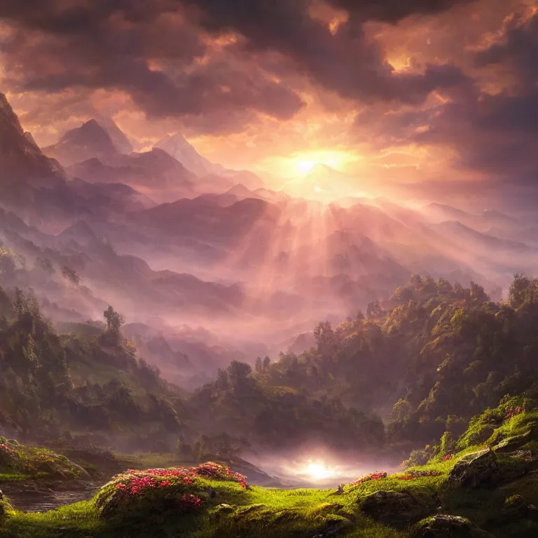 Prompt: a lord of the rings scenery landscape, vast lush valley flowers, stream, sunrise, god's rays highly detailed, vivid colour, soft clouds, floral sunset, cinematic lighting, perfect composition, 8 k, gustave dore, derek zabrocki, greg rutkowski, belsinski, octane render