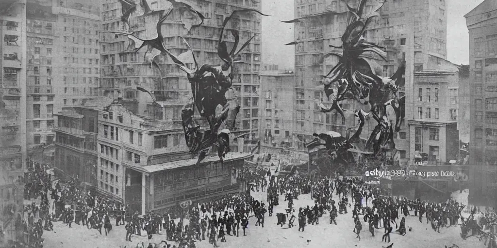 Image similar to a few people run from a luxury building as cameraman points at large flying monster, 1 9 0 0 s photograph