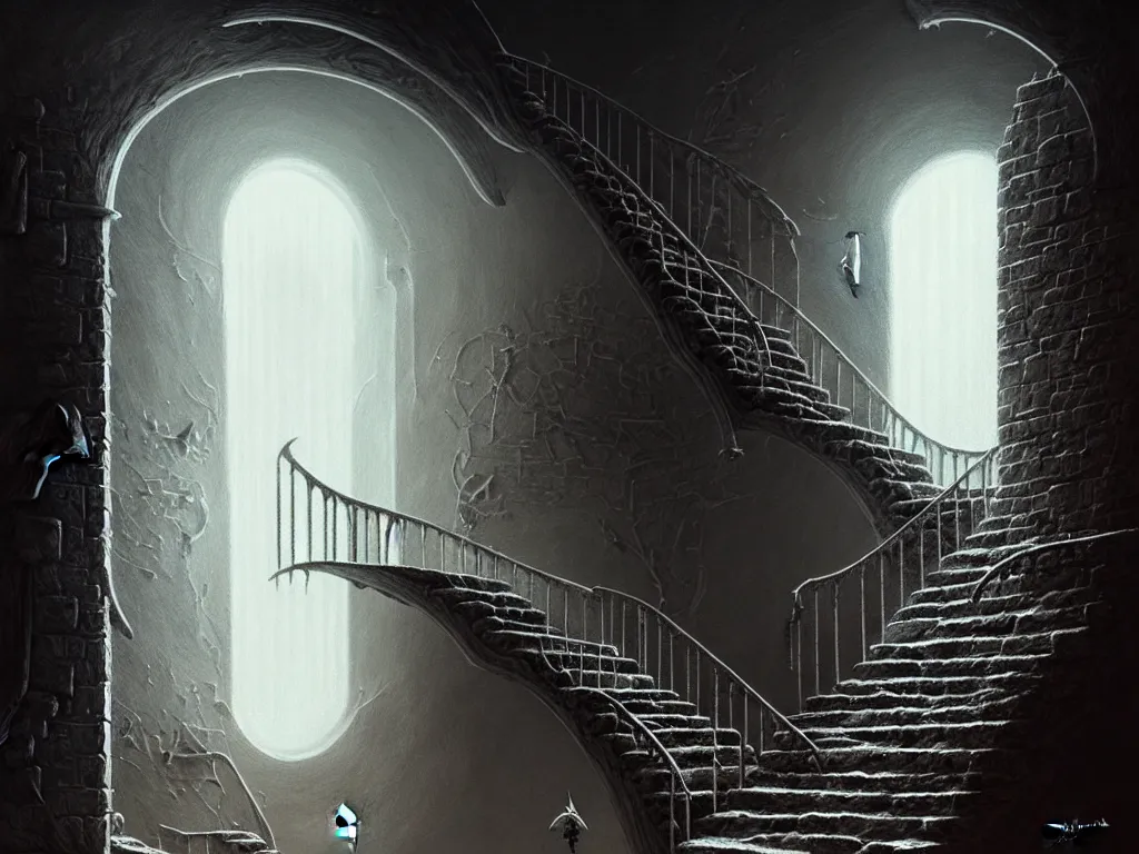 Image similar to highly detailed concept art of a staircase to nothingness with a door made of bones, an ultrafine detailed painting, trending on deviantart, neo surrealism, sharp focus, octane, masterpiece, art by miguel alandia pantoja