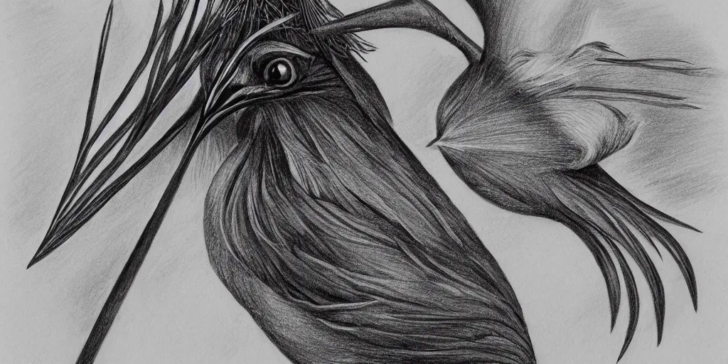 Image similar to pencil drawing of fantastical bird of paradise with beautiful eyes, black and white, illustration, extremely detailed, biology drawing, 4k