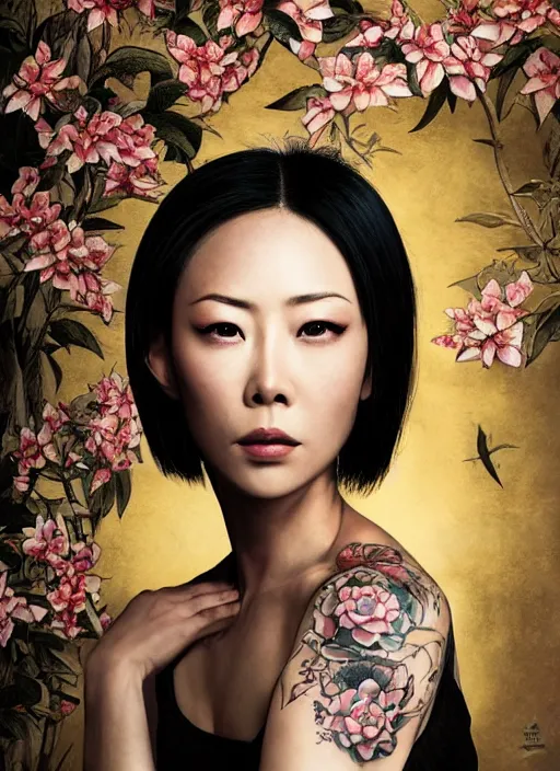Prompt: portrait of Zhang Jingchu as a young tattoed yakuza, defiant look attitude, cinematic lighting, ultra-detailed, sharp focus, D&D style, highly detailed, sharp focus, golden background with flowers, photorealism, style of Hajime Sorayama, art by Hirothropologie , artgerm and Patrick DeMarchelier