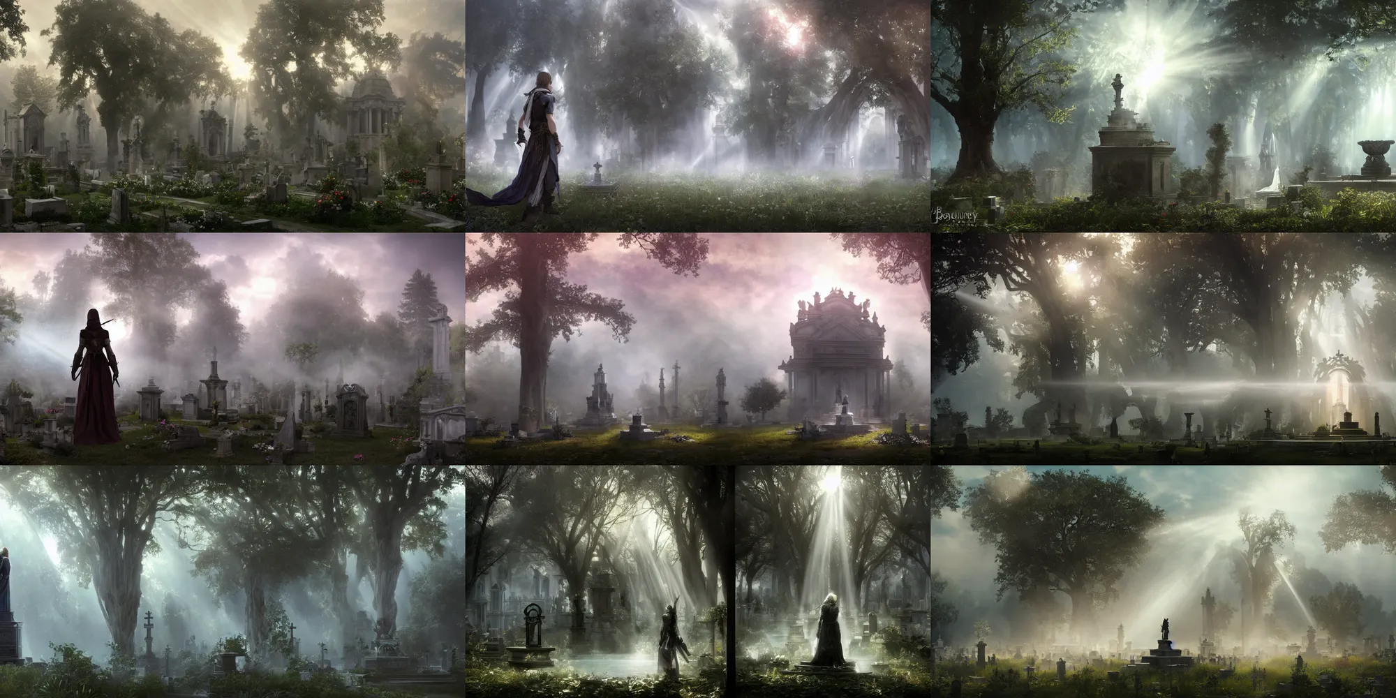 Prompt: Cinematic stills from Final Fantasy and Assassin's Creed mashup, Gothic-Greek fusion architecture, fountain, cemetery, mystical forest with enormous trees, god rays, bloom, volumetric fog, moody ambiance, dynamic poses, diaphanous cloth, intricate jewelry, cinematic lighting, twilight, sunset, by Alphonse Mucha, by James Gurney, by Bouguereau, by Rubens, fantasy, portfolio illustration, highly detailed, trending on Artstation, CGsociety, HQ, 8k, 35mm lens, f2.8, Bokeh,