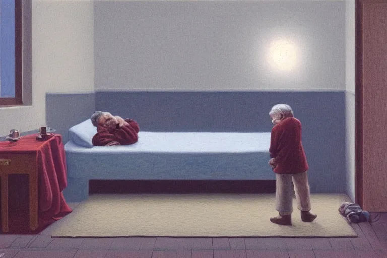 Prompt: an painting of the old man is sleeping in bed and a boy sits near the bed of the old man, by quint buchholz,