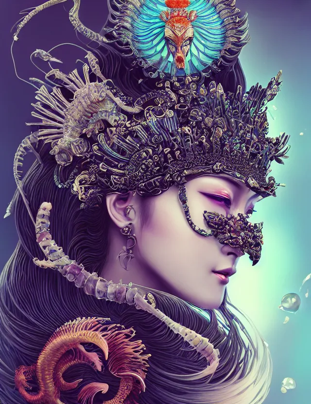 Image similar to 3 d goddess close - up profile portrait with crown, ram skull. beautiful intricately detailed japanese crow kitsune mask and clasical japanese kimono. betta fish, jellyfish phoenix, bio luminescent, plasma, ice, water, wind, creature, artwork by tooth wu and wlop and beeple and greg rutkowski