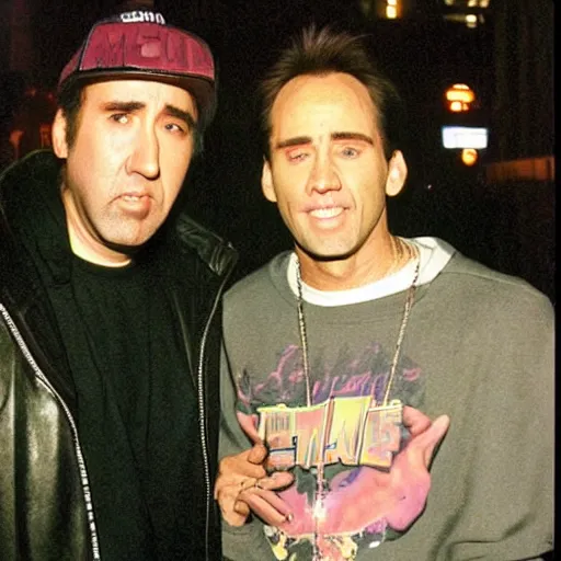 Prompt: nicolas cage and jim carrey as a rappers in a hoodie 1996