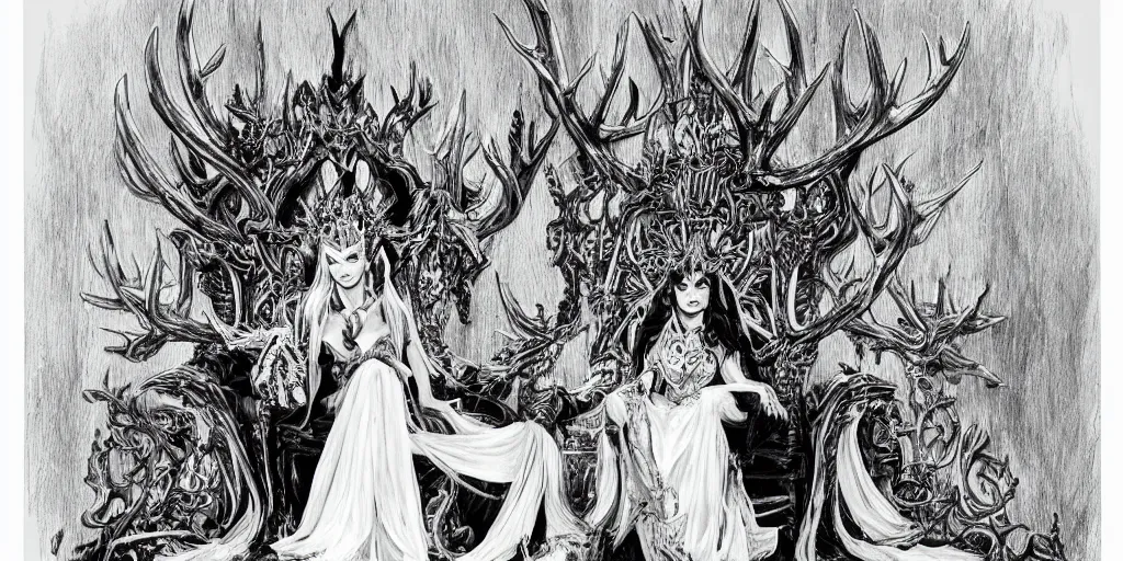 Prompt: a highly detailed ink drawing of a beautiful evil queen in a translucent white dress sitting on a throne of stone antlers, crown of horns, uhd, 8 k, black and white, by esteban maroto, by mark schultz, by jeff smith, by saatchi art, meni chatzipanagiotou, concept art, trending on artstation