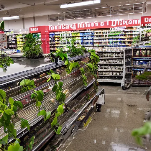 Image similar to a ransacked grocery store, broken signs, filthy flooring. Vines growing. Award-winning photo. OM system 12–40mm PRO II 40mm, 1/100 sec, f/2 8, ISO 800