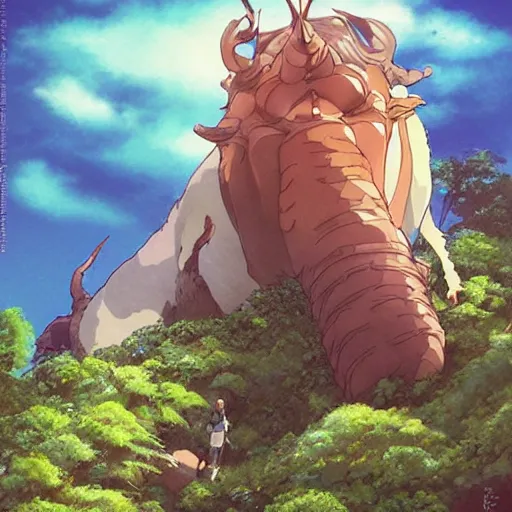 Prompt: Guy and big creature, made by studio ghibli, highly detailed, smooth, sharp focus, beautiful scene, artgerm