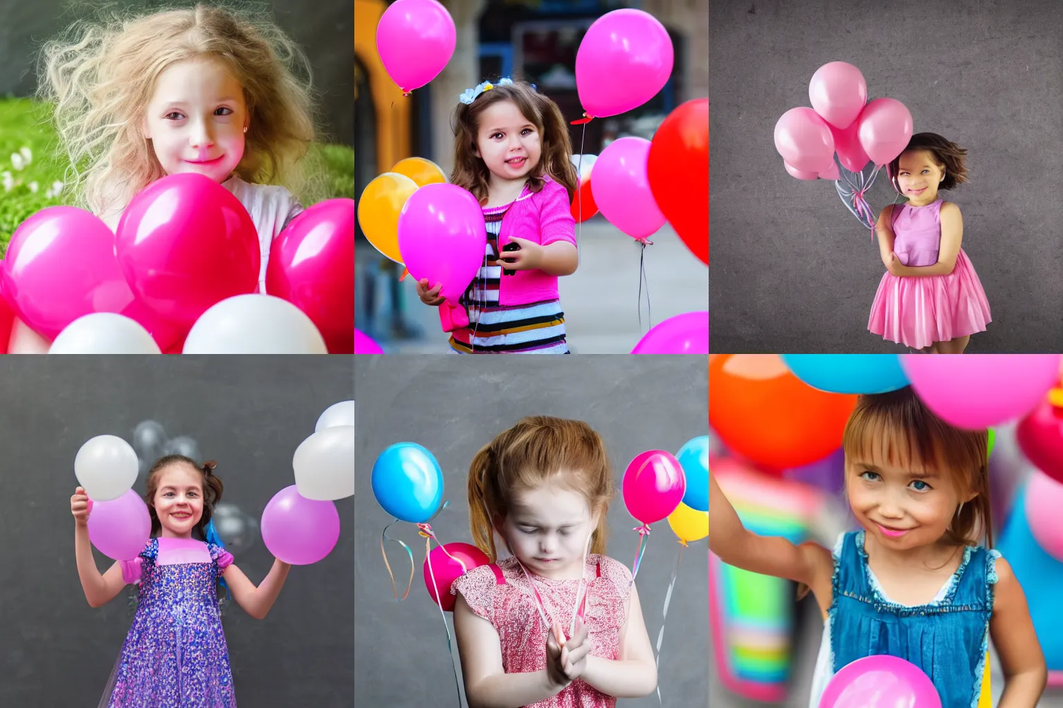 Prompt: a little girl holding a bunch of balloons, highly detailed,