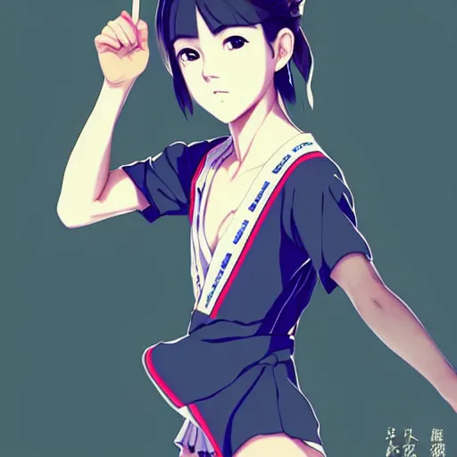 Image similar to a beautiful boyish japanese emma watson alluring instagram model, wearing elegant japanese hiphop leotard outfit with subtle mayan patterns and native fashion, aztec street fashion bathing suit, jrpg fashion, gapmoe yandere grimdark, trending on pixiv fanbox, painted by greg rutkowski makoto shinkai takashi takeuchi studio ghibli, akihiko yoshida