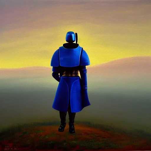 Image similar to oil painting of a blue caped armored knight, wearing modern headphone, lonely, foggy, standing in midground, pink sunset, by capsar david friedrich